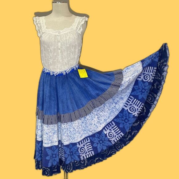 Sew What? Upcycling Dresses & Skirts - Handmade upcycled blue and white full circle skirt with flounce & ruffle, Size M